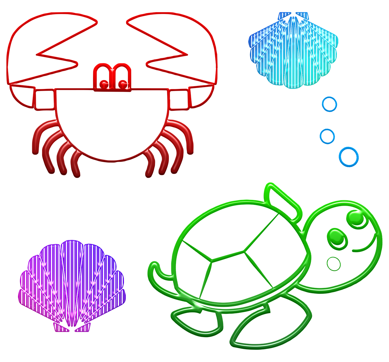 a close up of some neon lights on a black background, a digital rendering, net art, crab, turtle, family photo, game icon asset