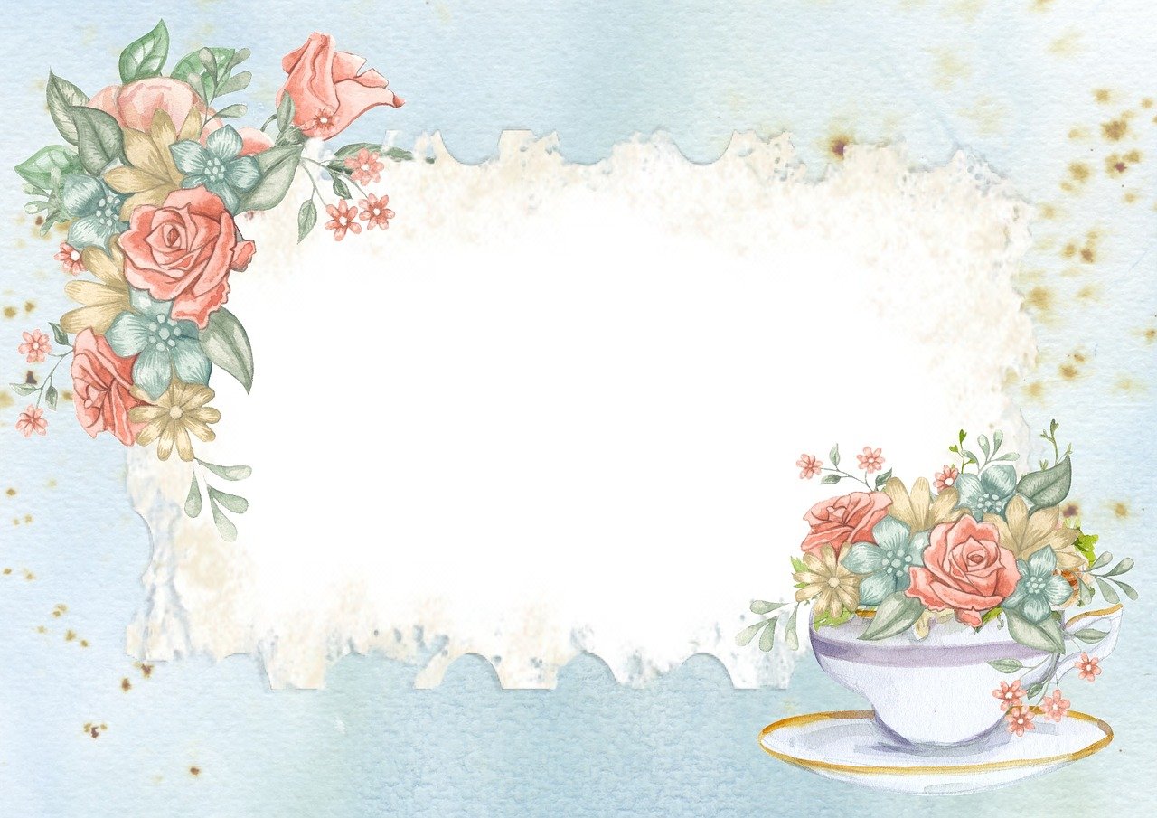 a watercolor painting of a tea cup and saucer, a watercolor painting, romanticism, resources background, flower frame, website banner, blueish