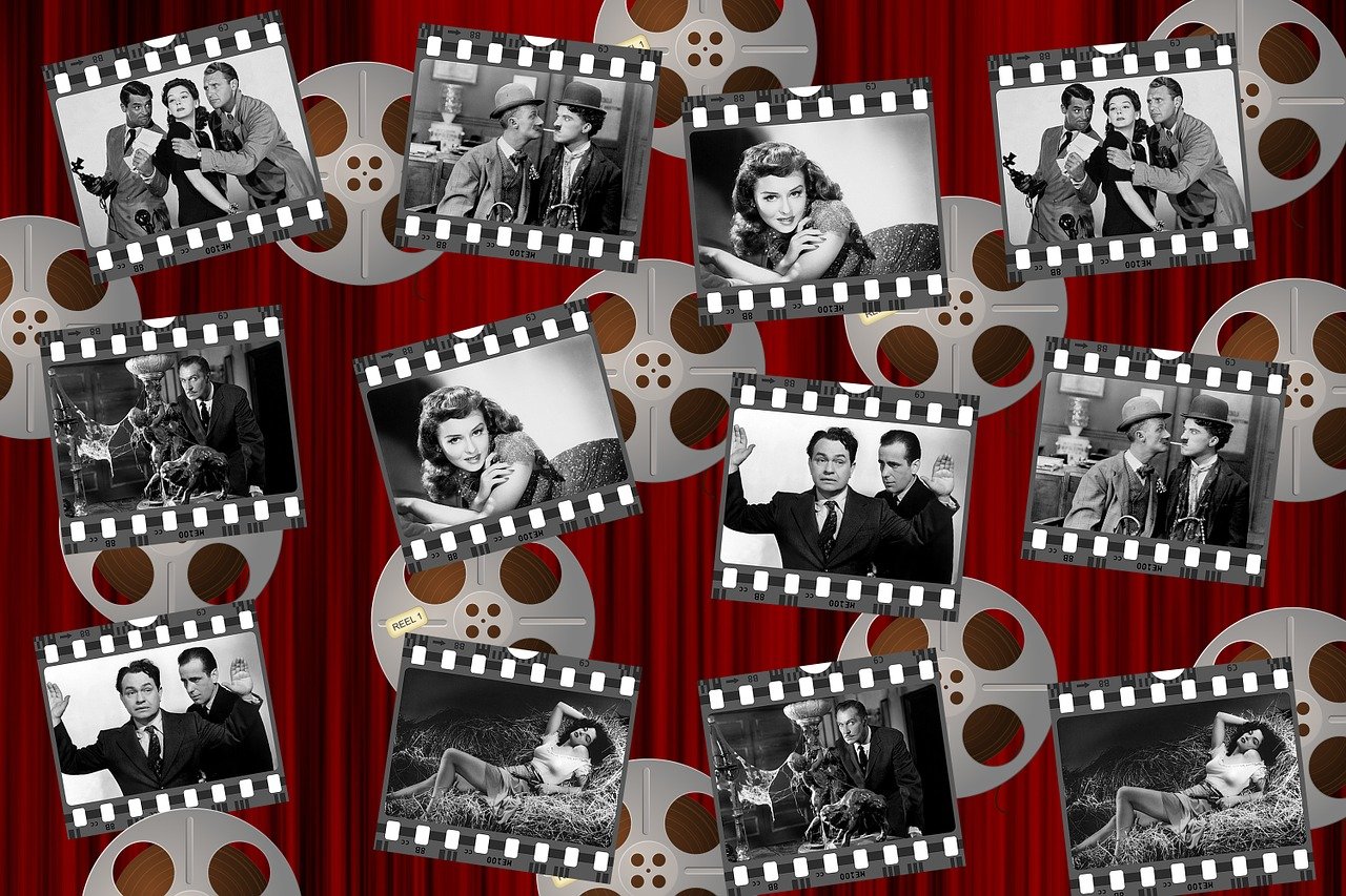 a black and white photo of a bunch of film reels, inspired by George Hurrell, trending on pixabay, pop art, portrait of paulette goddard, red wallpaper background, a collage, ! movie scene