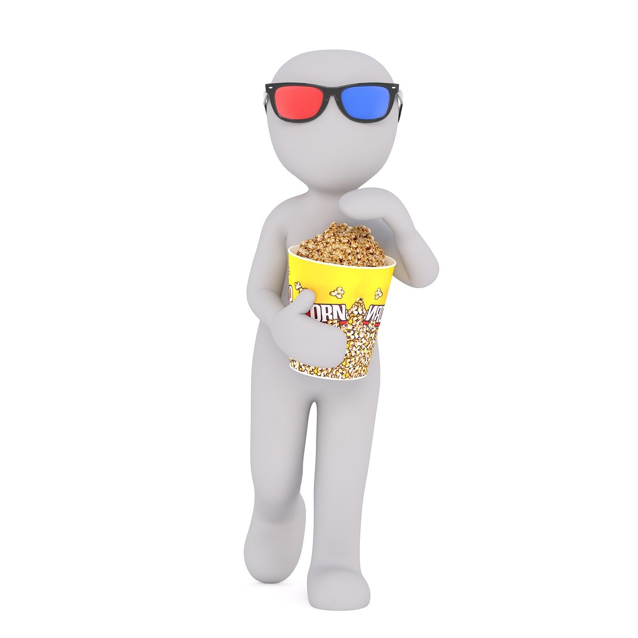 a person wearing 3d glasses holding a bowl of popcorn, a picture, by Ivan Mrkvička, pixabay contest winner, conceptual art, isolated on white background, walking towards the camera, stock photo, cinema 4d ray traced