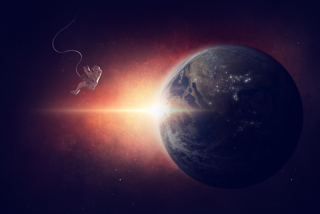 a view of the earth from space with a satellite in the foreground, concept art, an octopus fighting an astronaut, creative photo manipulation, traveling into a blackhole, red shift