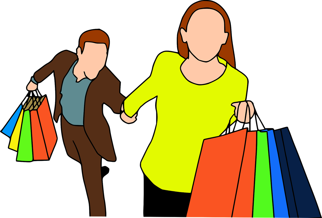 a man and a woman carrying shopping bags, by Zoran Mušič, pixabay, naive art, -step 50, pacing, husband wife and son, neon