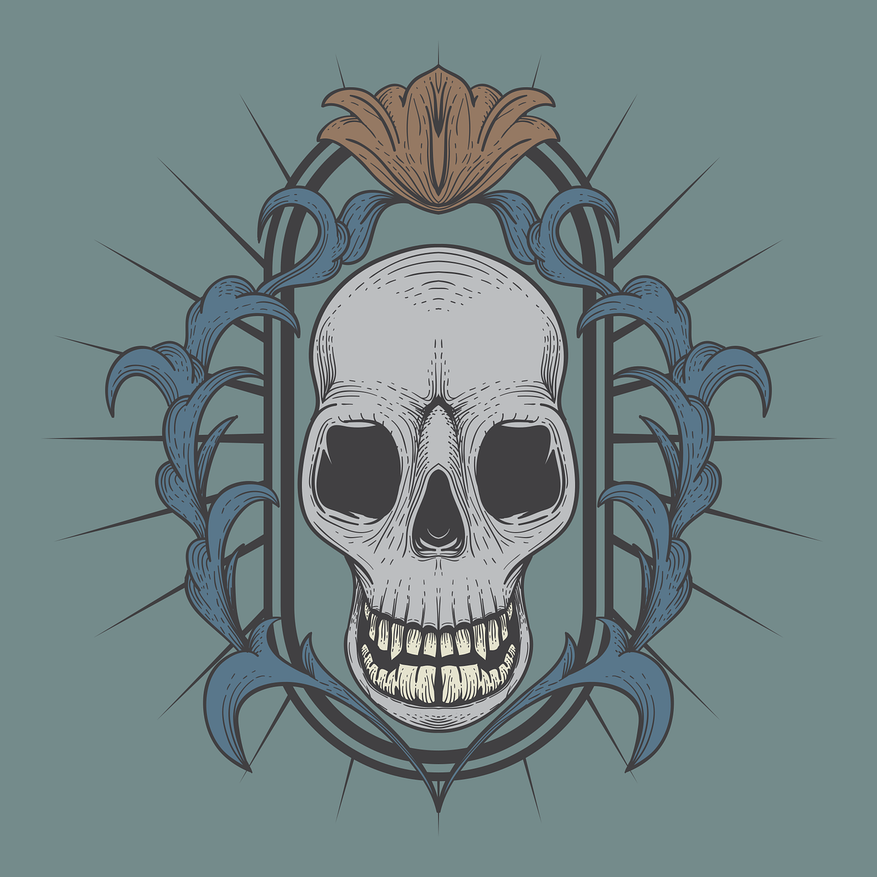 a skull with a flower in its mouth, vector art, art nouveau, ornate border frame, with a blue background, on a gray background, full color illustration