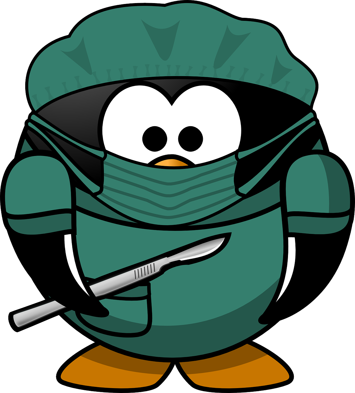 a penguin wearing a surgical mask and holding a knife, vector art, inspired by Doc Hammer, trending on pixabay, sots art, wearing green armor and helmet, pregnancy, wearing hunter coat, stock photo