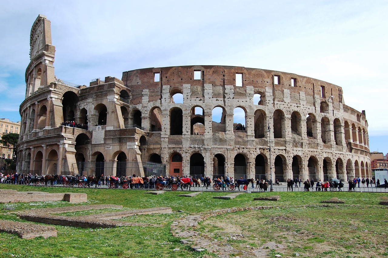 a group of people standing in front of a building, by Tom Carapic, pexels contest winner, renaissance, coliseum, panoramic, springtime, completely empty