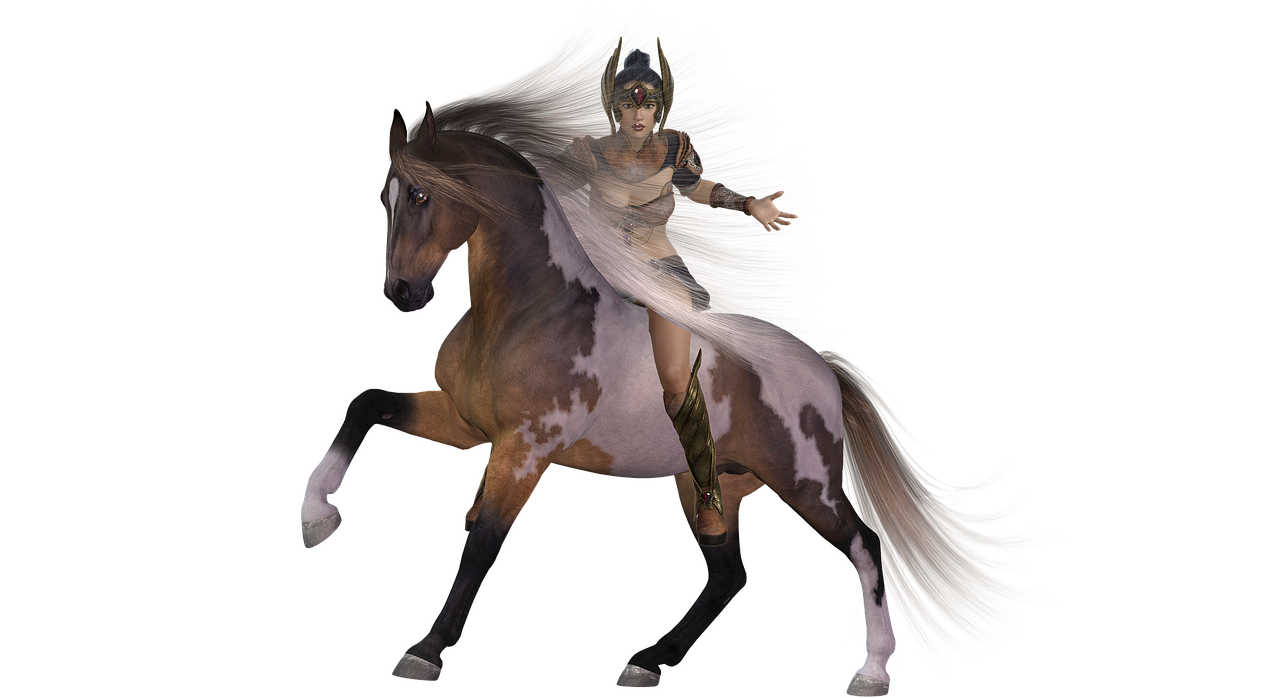 a woman riding on the back of a brown and white horse, a raytraced image, inspired by John Frederick Herring, Jr., zbrush central contest winner, chicken feather armor, [ [ hyperrealistic ] ], with white streak in hair, north adult female warrior