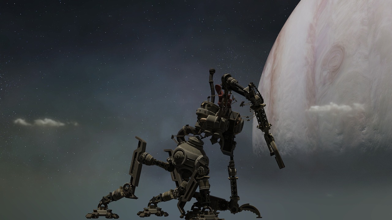 a robot that is standing in front of a planet, inspired by Brian Despain, cg society contest winner, final fantasy 1 4 screenshot, bottom angle, keetongu bionicle, lunar walk