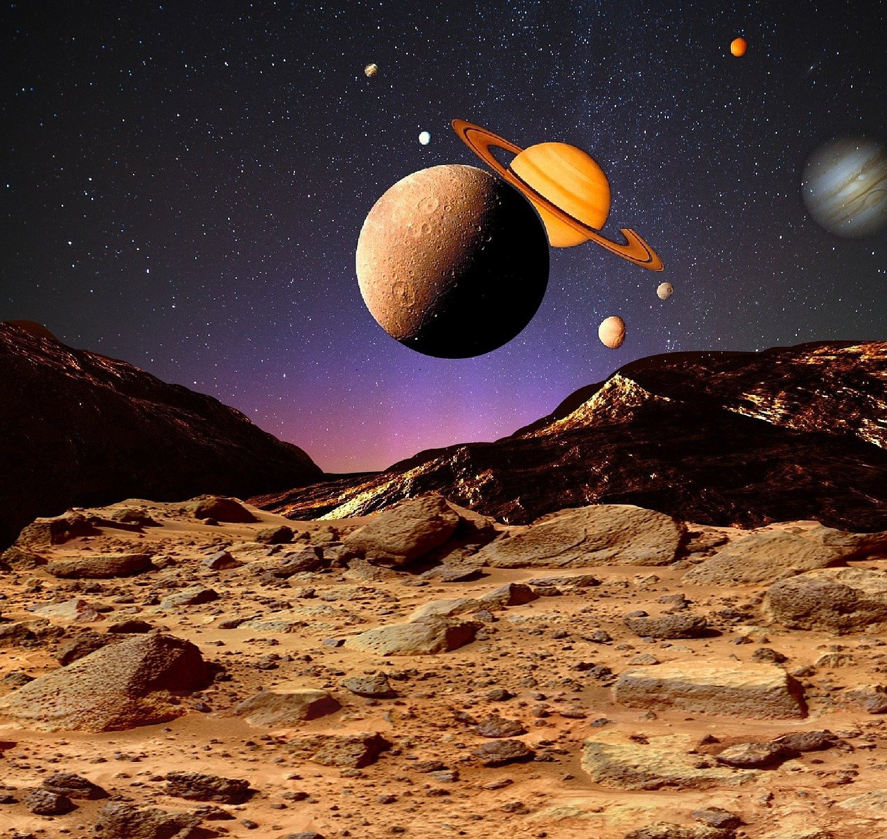 a group of planets that are in the sky, inspired by Filip Hodas, pexels, standing on a martian landscape, saturn and supermoon in the sky, the planet is warm with canyons, joe webb