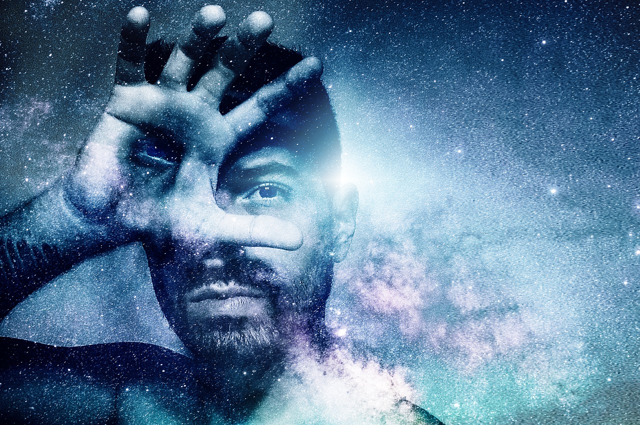 a man holding his hands up to his face, digital art, shutterstock, metaphysical painting, stardust in atmosphere, packshot, american gods, multiple exposure