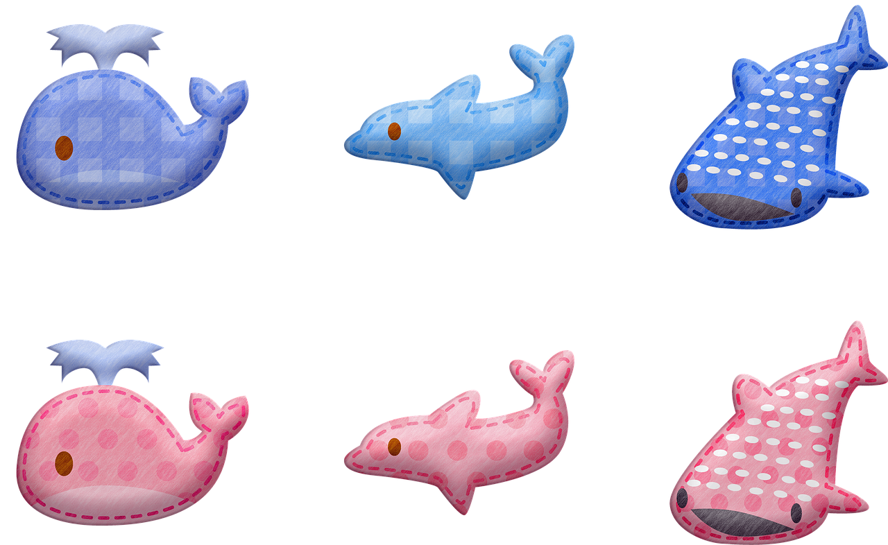 a group of stuffed animals sitting next to each other, a digital rendering, by Hiromitsu Takahashi, mingei, dolphin swimming, psd spritesheet, blue black pink, inflatable