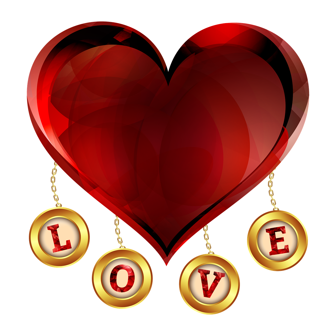 a red heart with the word love hanging from it, a digital rendering, romanticism, gold jewerly, coin, vinyl, love theme