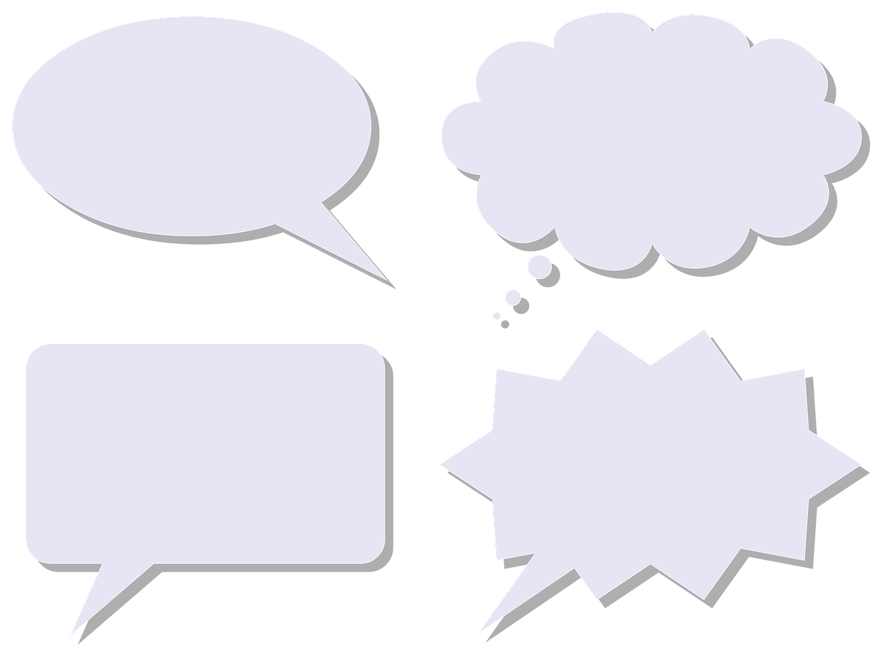 a group of speech bubbles on a black background, a comic book panel, by Matt Cavotta, computer art, grey, four, realistic shapes, high res