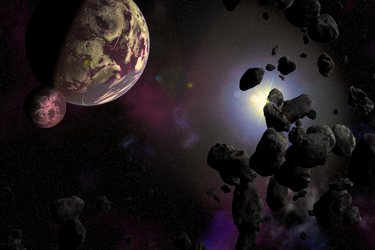 an artist's rendering of a planet surrounded by rocks, an illustration of, space art, random background scene, space dust, space photo, metallic asteroid