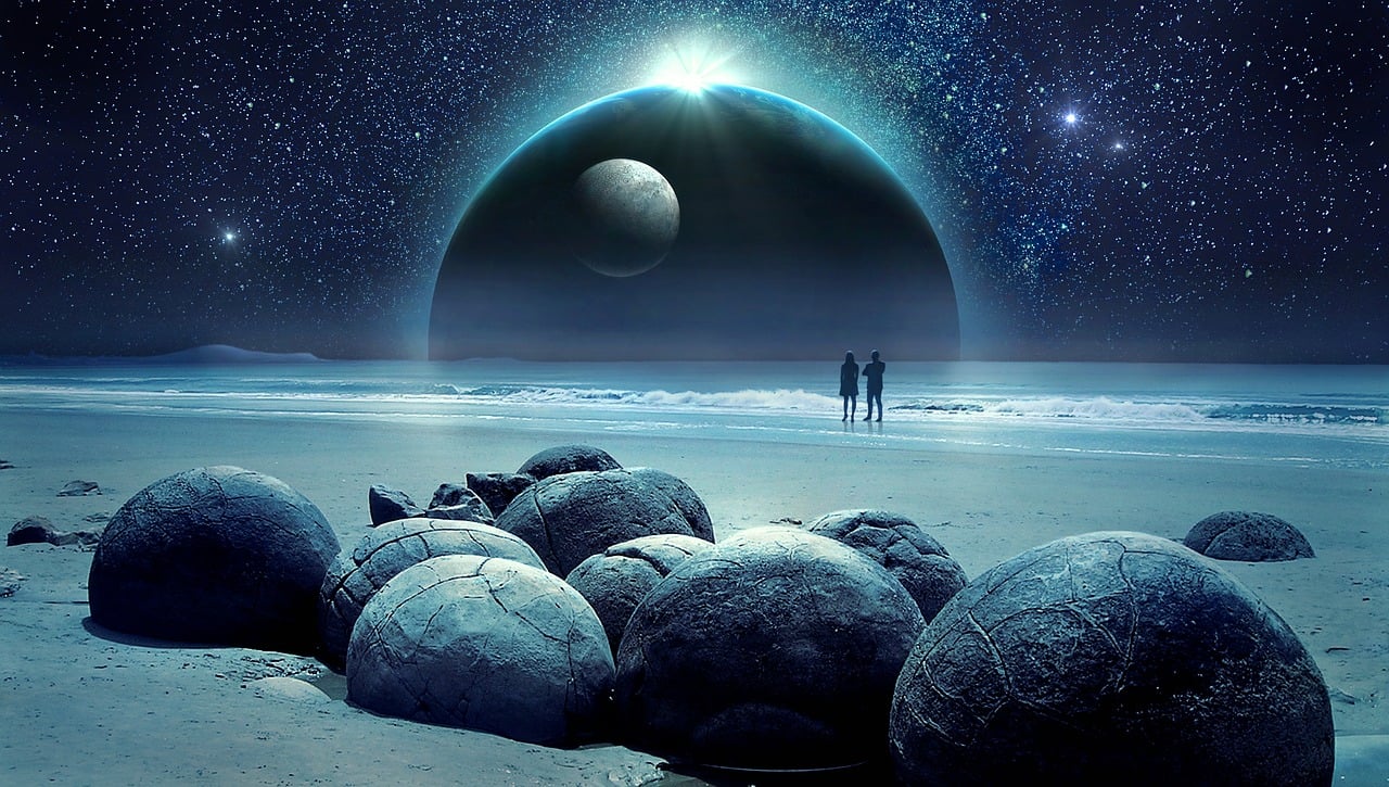a couple of people standing on top of a beach, inspired by Johfra Bosschart, space art, bioluminescent orbs, awesome greate composition, harmony of the spheres, space photography