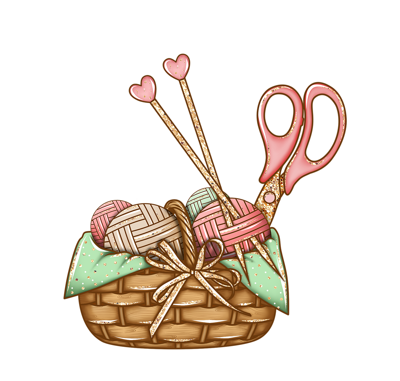 a basket filled with yarn and a pair of scissors, a digital rendering, by Melissa Benson, naive art, on black background, clip art, flat color, love craft