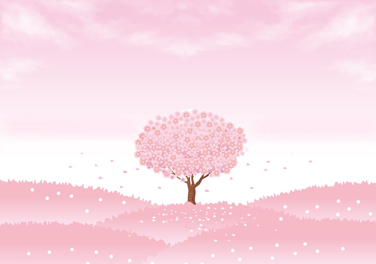 a tree that is in the middle of a field, inspired by Kōno Bairei, romanticism, petal pink gradient scheme, flower background, there is one cherry, high view