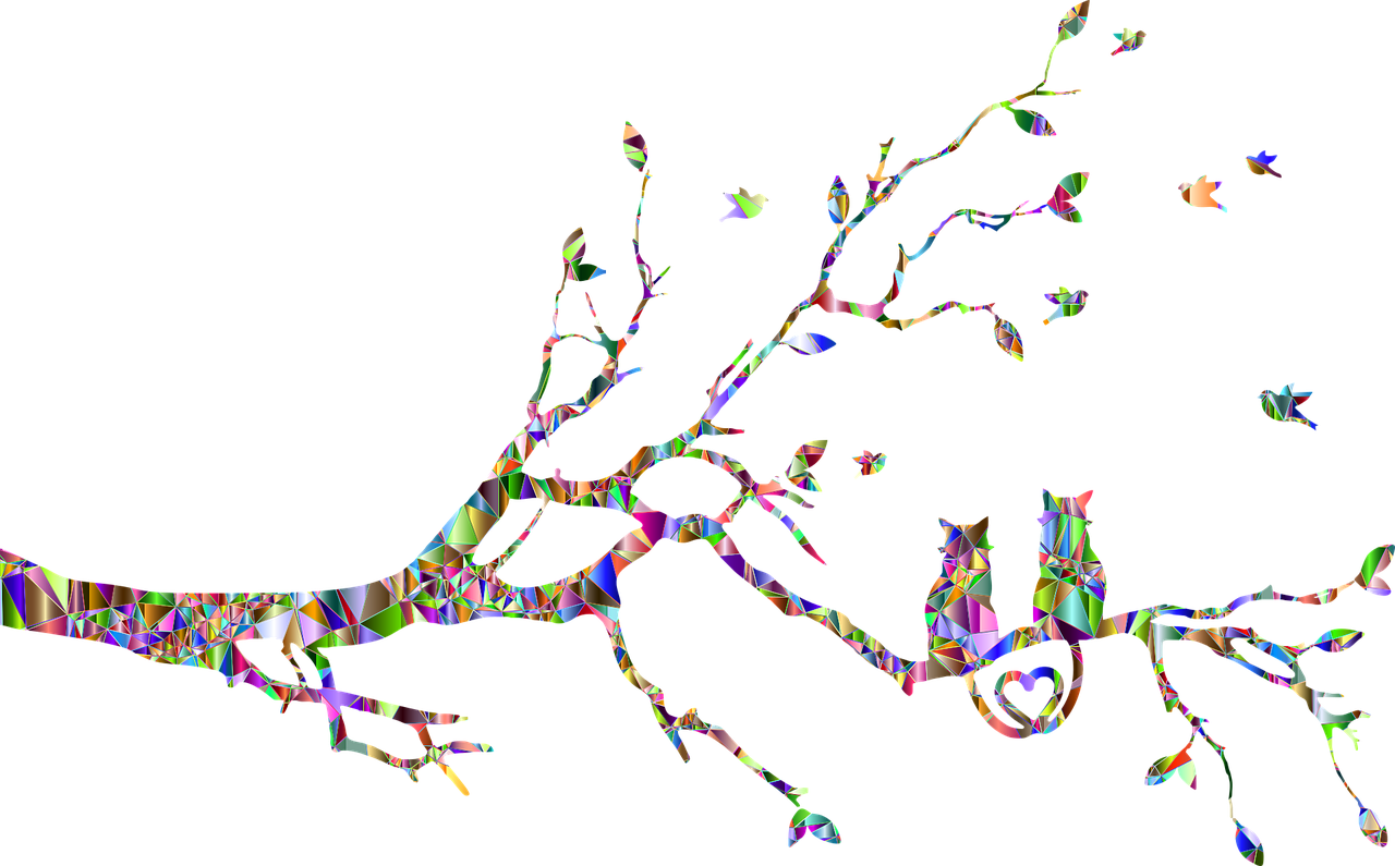 a bird sitting on top of a tree branch, a digital rendering, by Murakami, generative art, cat silhouette, colorful mosaic, path traced, zoomed out to show entire image