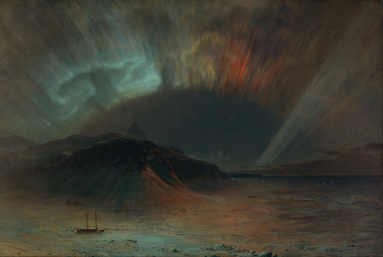 a painting of a boat in a body of water, a matte painting, by Frederic Church, tumblr, romanticism, solar eclipse in iceland, solar storm, vladimir motsar, glacier