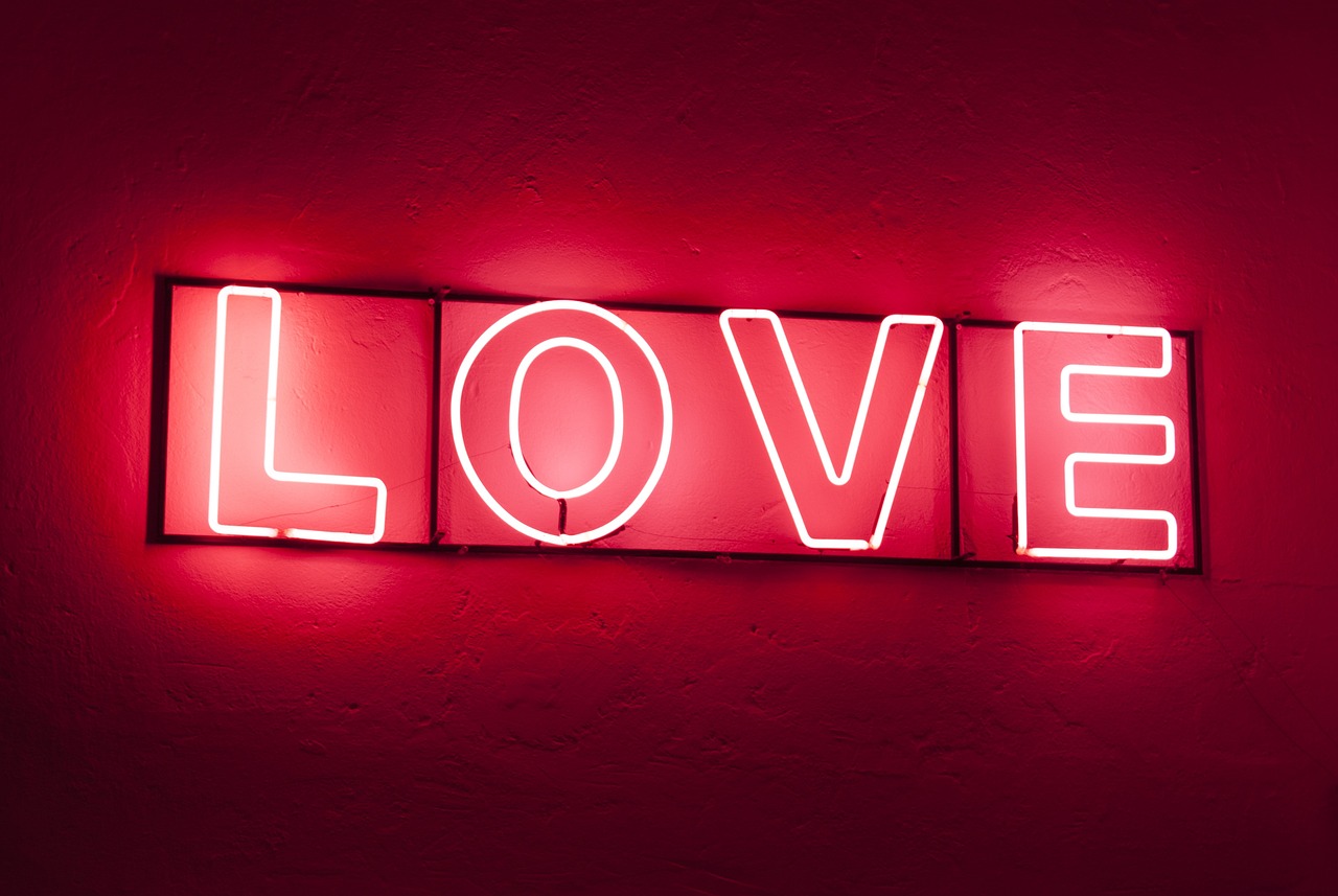 a neon sign that says love on a red wall, by Brigette Barrager, pexels, brightly lit pink room, banner, love peace and unity, red and obsidian neon