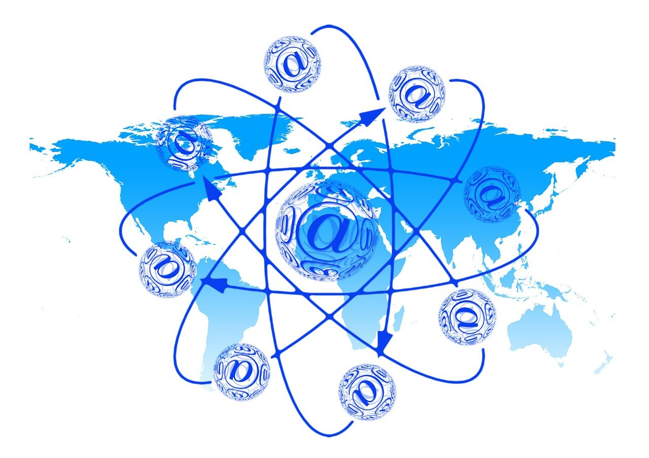 a map of the world with a bunch of symbols around it, an illustration of, nuclear art, email, infographics. logo. blue, quantum entanglement, on white background