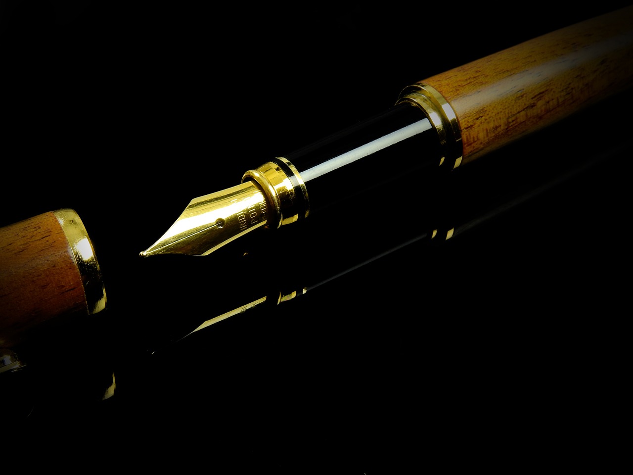 a fountain pen sitting on top of a black surface, a picture, by Tom Carapic, pixabay, wood and gold details, bamboo, profile shot, set against a white background