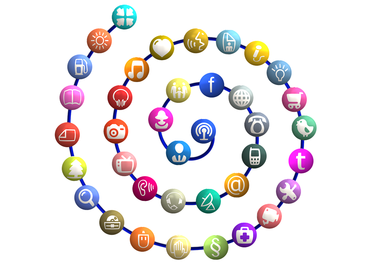 a circle of colorful social icons on a black background, a digital rendering, flickr, beads, twisting, : :, typical