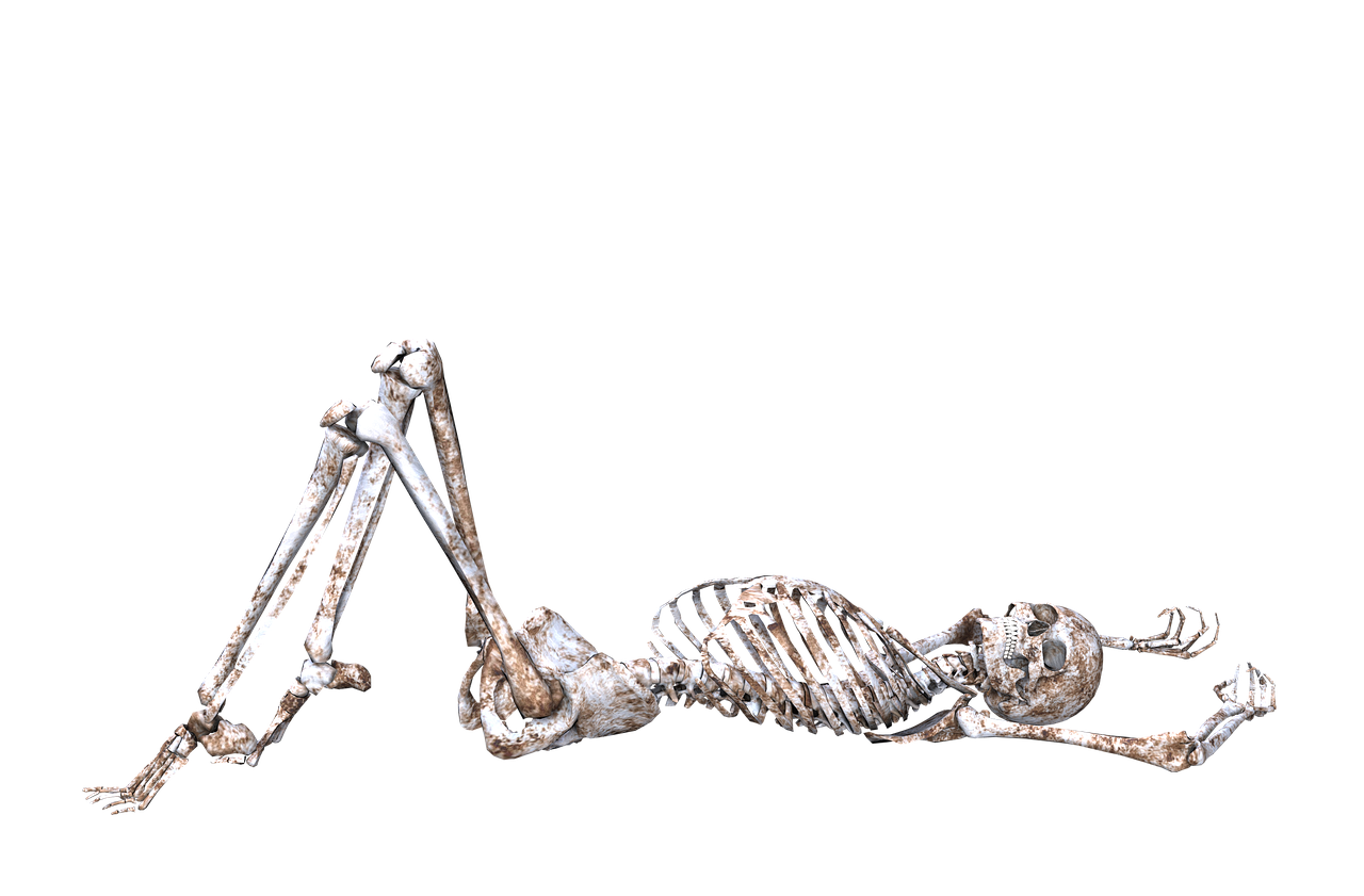 a skeleton laying on its back on a black surface, a digital rendering, massurrealism, otzi, aluminium, kneeling, really long