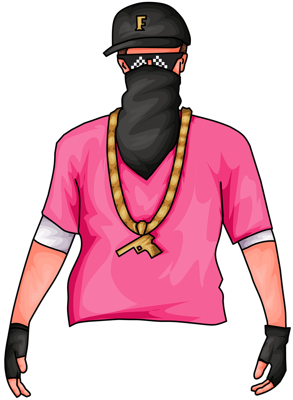 a man wearing a pink shirt and a black hat, vector art, inspired by Gang Hui-an, figuration libre, wearing bandit mask, neck chains, with his back turned, gta style