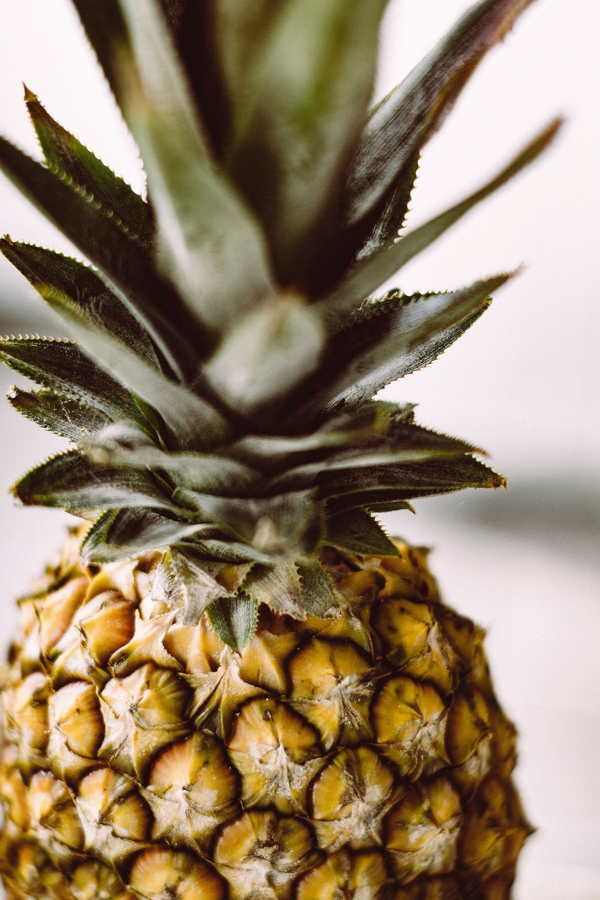 a close up of a pineapple on a table, by Matthias Weischer, unsplash, 🦩🪐🐞👩🏻🦳, crisp detail, view from below, jamaican vibe