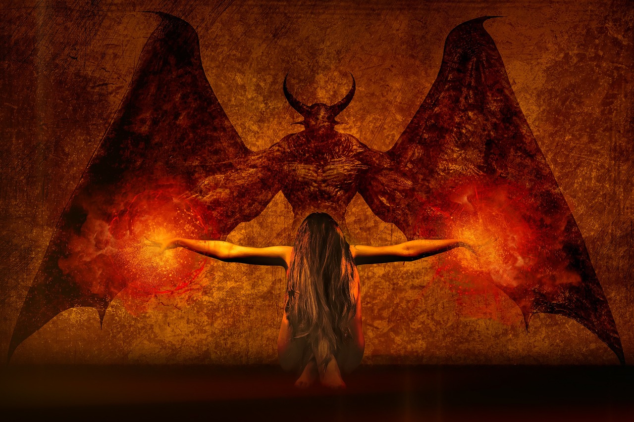 a woman standing in front of a painting of a demon, by Eugeniusz Zak, pixabay contest winner, digital art, fiery wings, with hellish devil wings, black wings slightly burnt, highway to hell