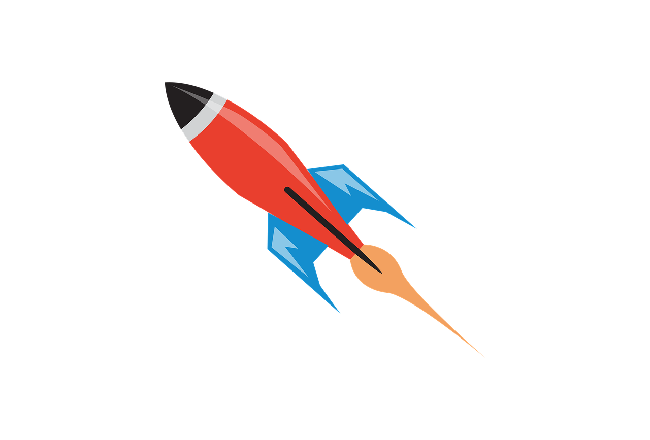 a red and blue rocket flying through the air, space art, on a flat color black background, 5600x accelerator, forward facing, dingy