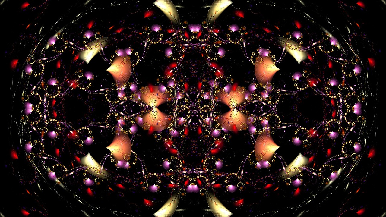 a close up of a circular design on a black background, a digital rendering, inspired by Benoit B. Mandelbrot, ornate colored gems and crystals, lots of lights, seamless pattern :: symmetry, stunning screenshot