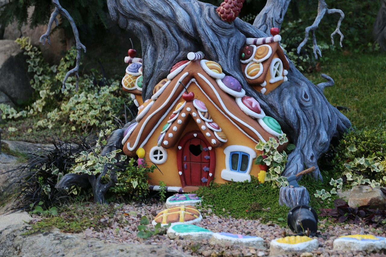 a close up of a small house near a tree, inspired by Jacek Yerka, polycount contest winner, folk art, gingerbread candy village, photo taken with sony a7r, fairy garden, 4 0 9 6