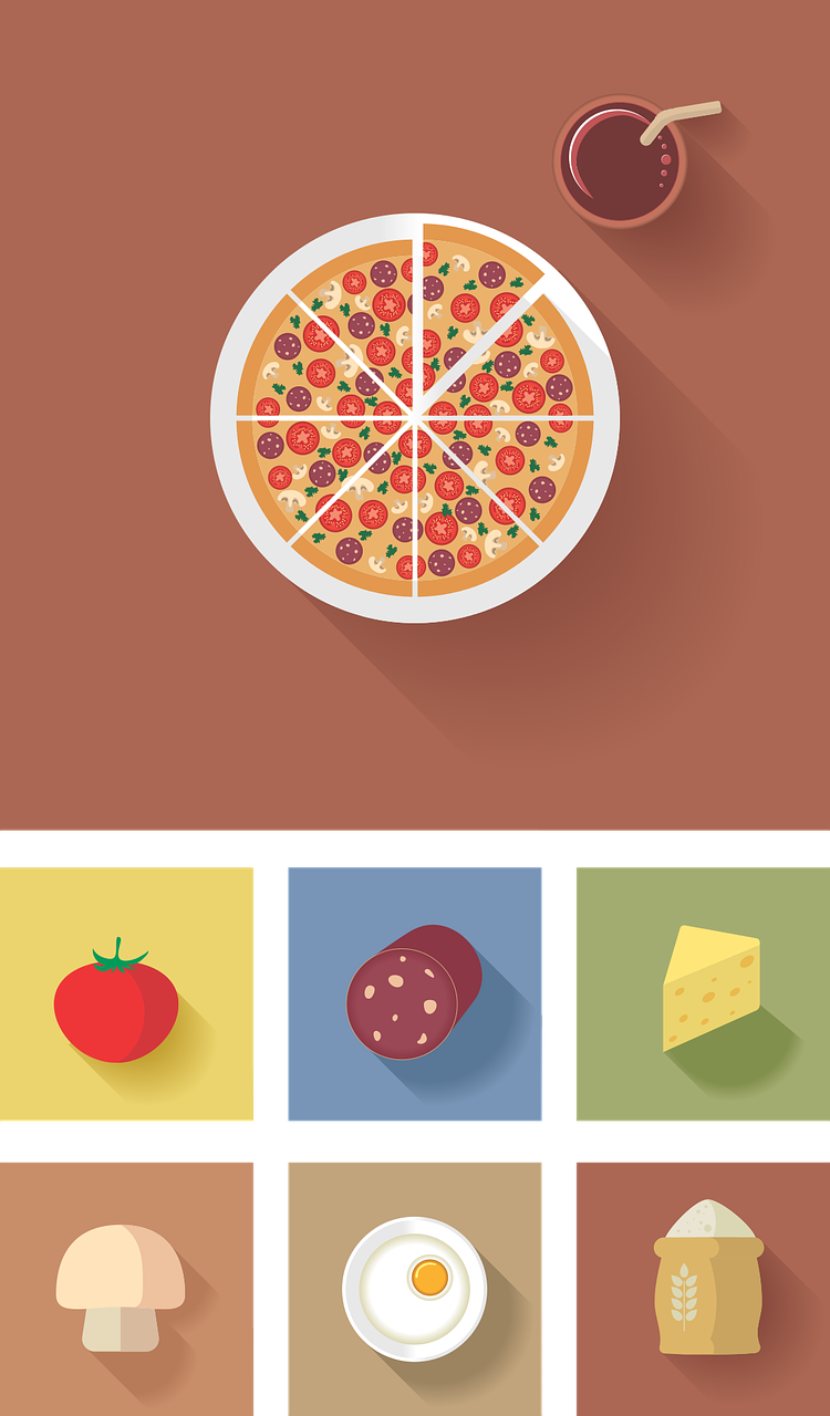 a pizza sitting on top of a white plate, vector art, conceptual art, status icons, triptych, digital screenshot, material design