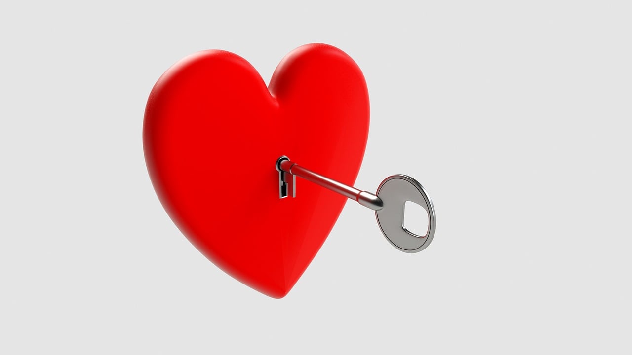 a red heart with a key stuck in it, still image, blender, love of wisdom, engineered