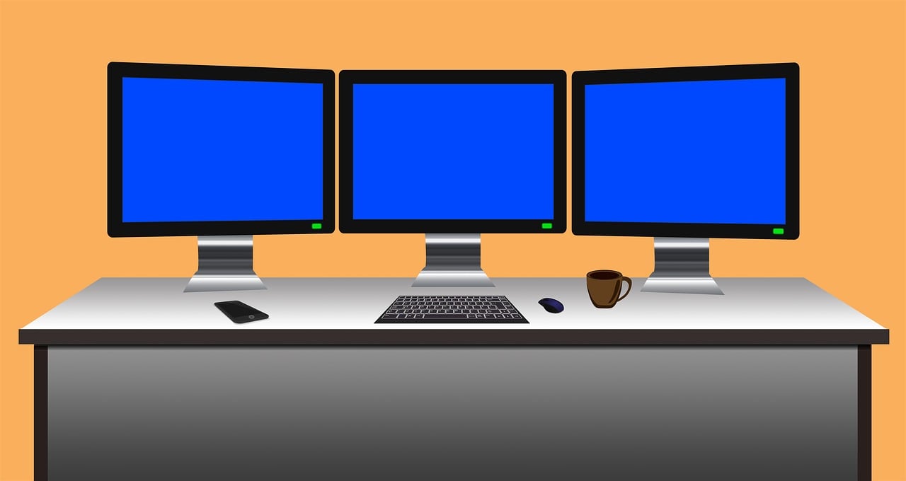 two computer monitors sitting on top of a desk, a computer rendering, by Andrei Kolkoutine, pixabay, computer art, blue and orange color scheme, table in front with a cup, vector illustration, many screens