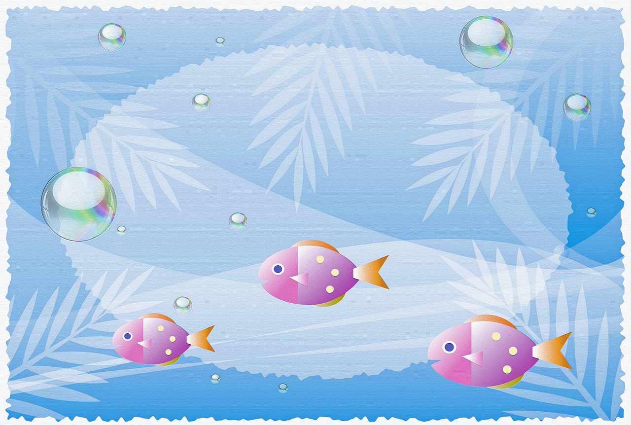 a group of fish floating on top of a body of water, a screenshot, inspired by Saitō Kiyoshi, pixabay, bubble background, palm, children\'s illustration, highres