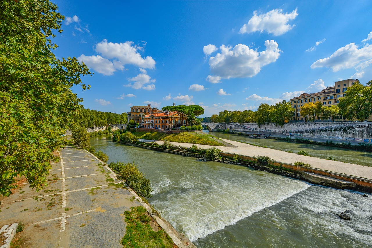 a river running through a lush green forest filled with trees, by Robert Griffier, shutterstock, renaissance, coliseum of rome, wide angle shot 4 k hdr, beautiful sunny day, rapids