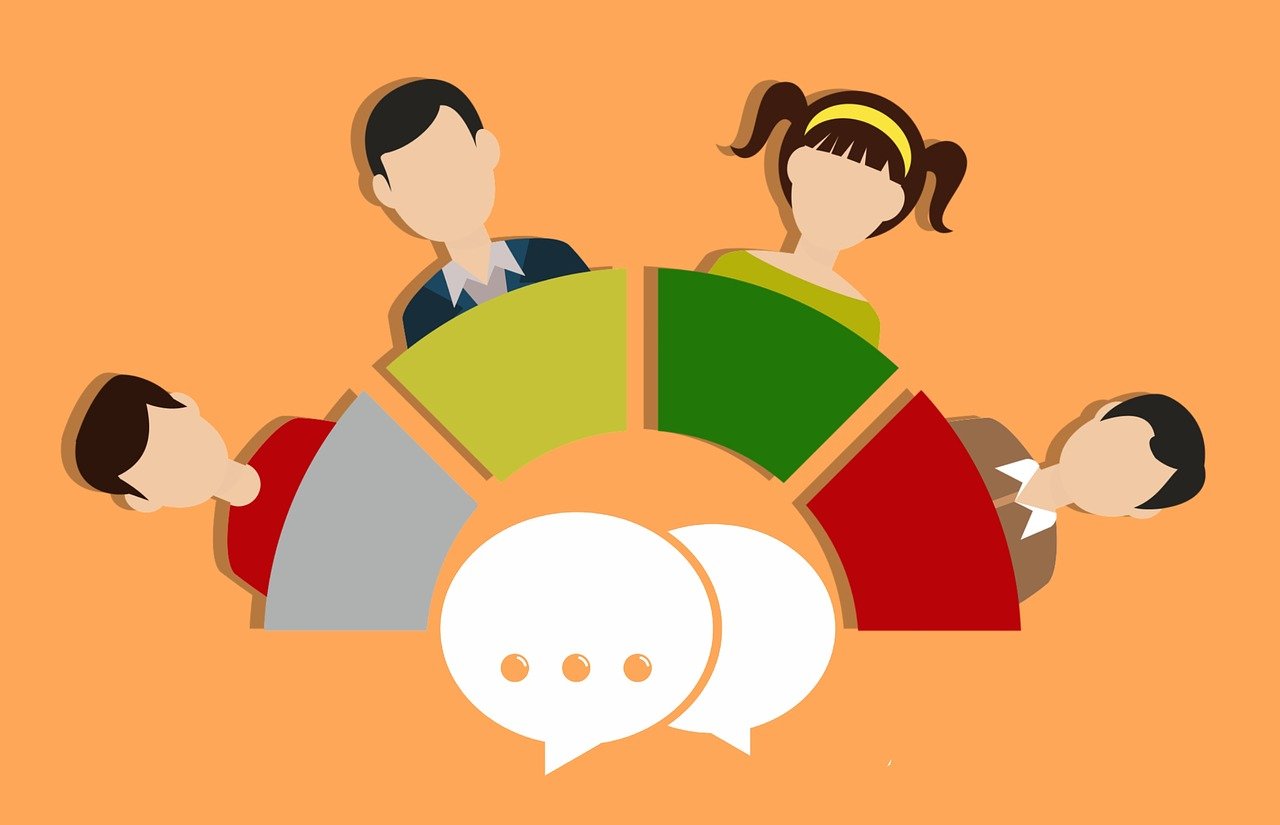 a group of people sitting around a pie chart, trending on pixabay, conceptual art, speech bubbles, 2 people, [ closeup ]!!, girl