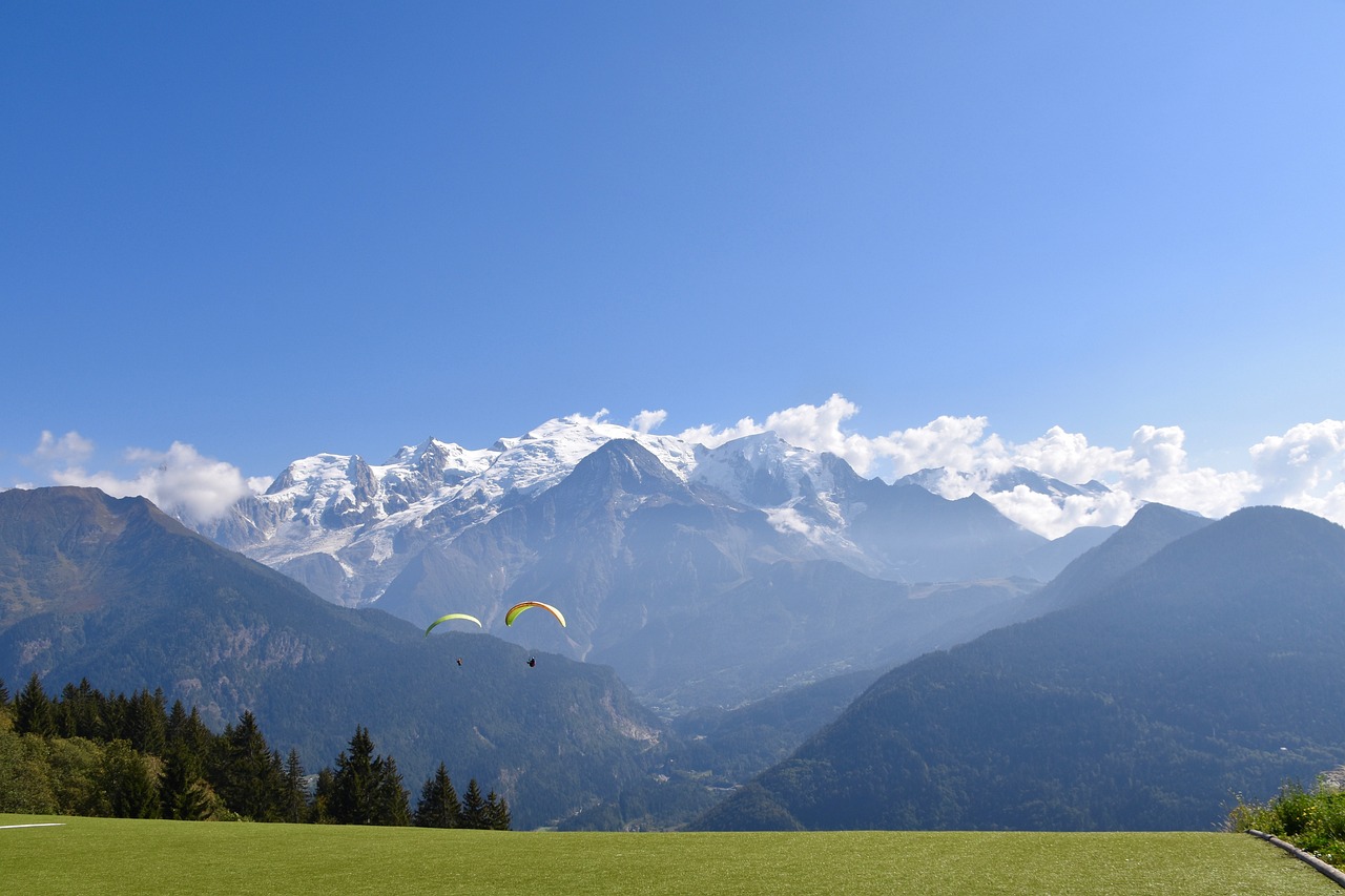 a person flying a kite over a lush green field, a picture, by Cedric Peyravernay, shutterstock, chamonix, snow capped mountains, panoramic view, no gradients