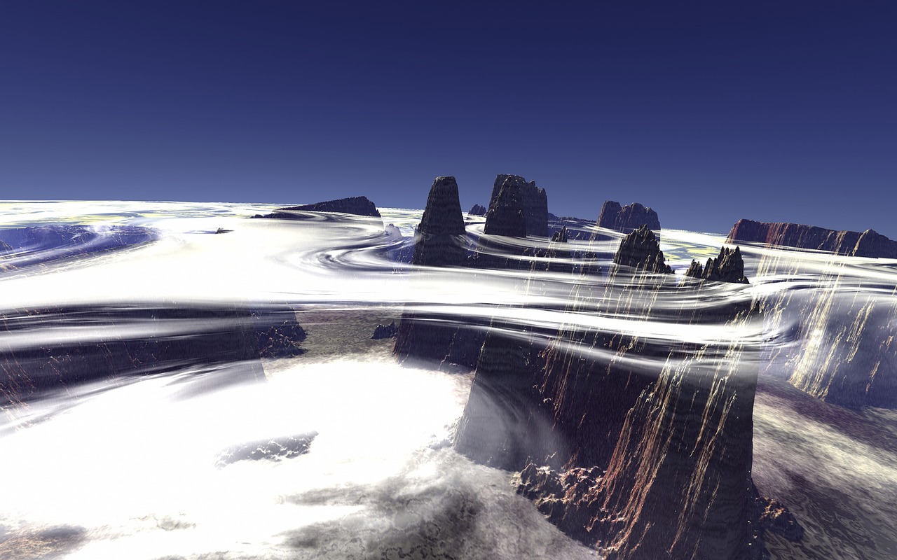 a computer generated image of a mountain landscape, inspired by John Martin, mysterious canyon streams, cloud vortex, mesa plateau, water mists