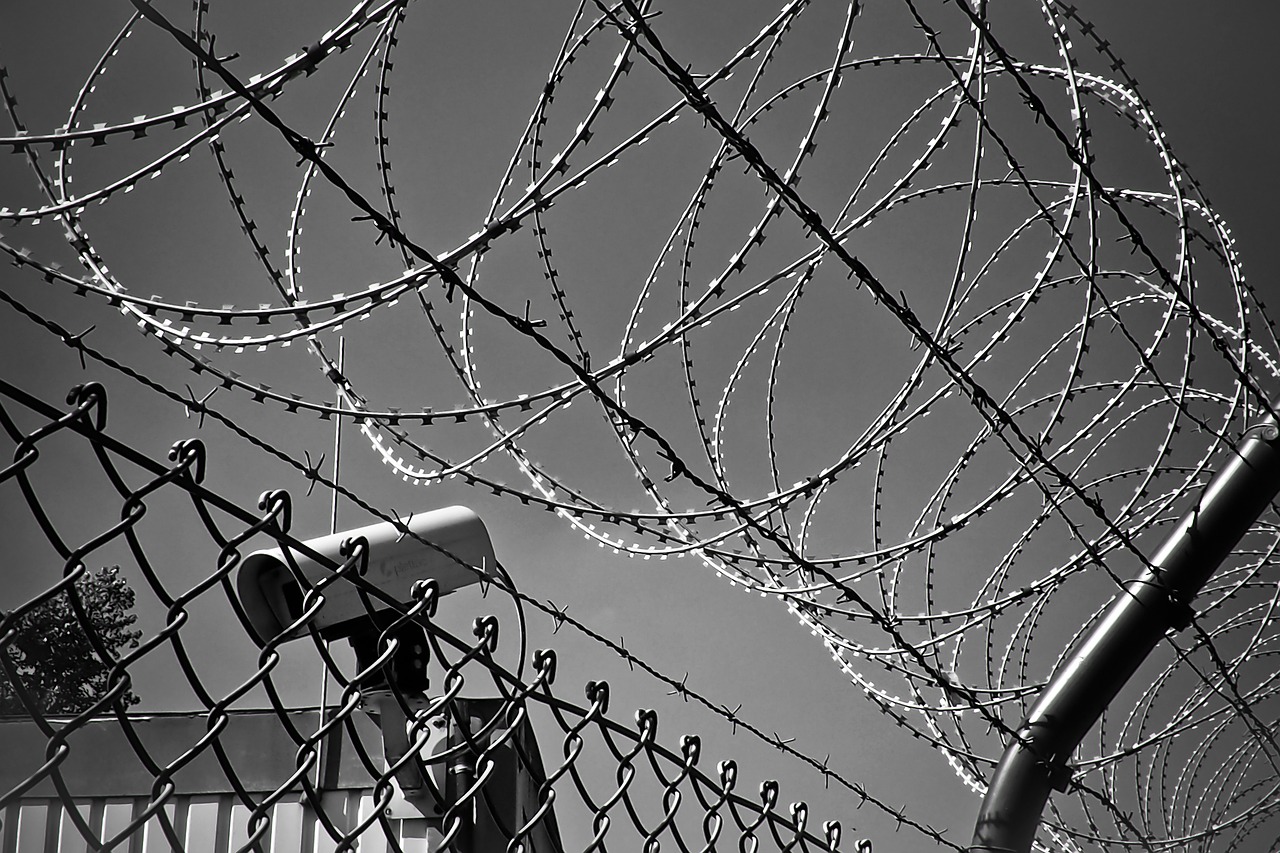 a black and white photo of a fence with barbed wire, spiraling, surveillance, award - winning photo. ”, wires for hair