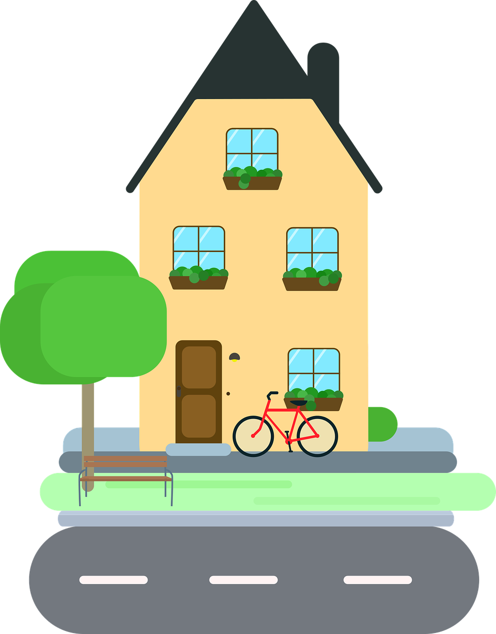 a house with a bicycle parked in front of it, a digital rendering, pixabay contest winner, naive art, flat icon, home video footage, avatar image, clipart