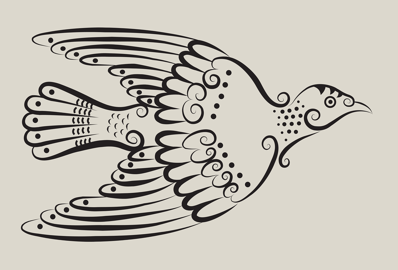 a black and white drawing of a bird, vector art, inspired by Aldus Manutius, folk art, a spotted dove flying, artistic tribal patterns, on a pale background, best on adobe stock