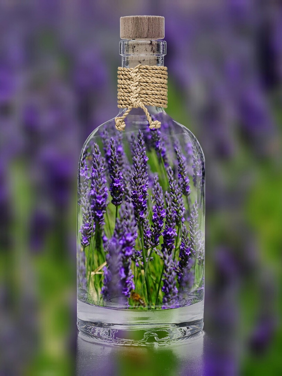 a bottle filled with purple flowers sitting on top of a table, a picture, pixabay, lavender, hyperdetailed!, sage, background image