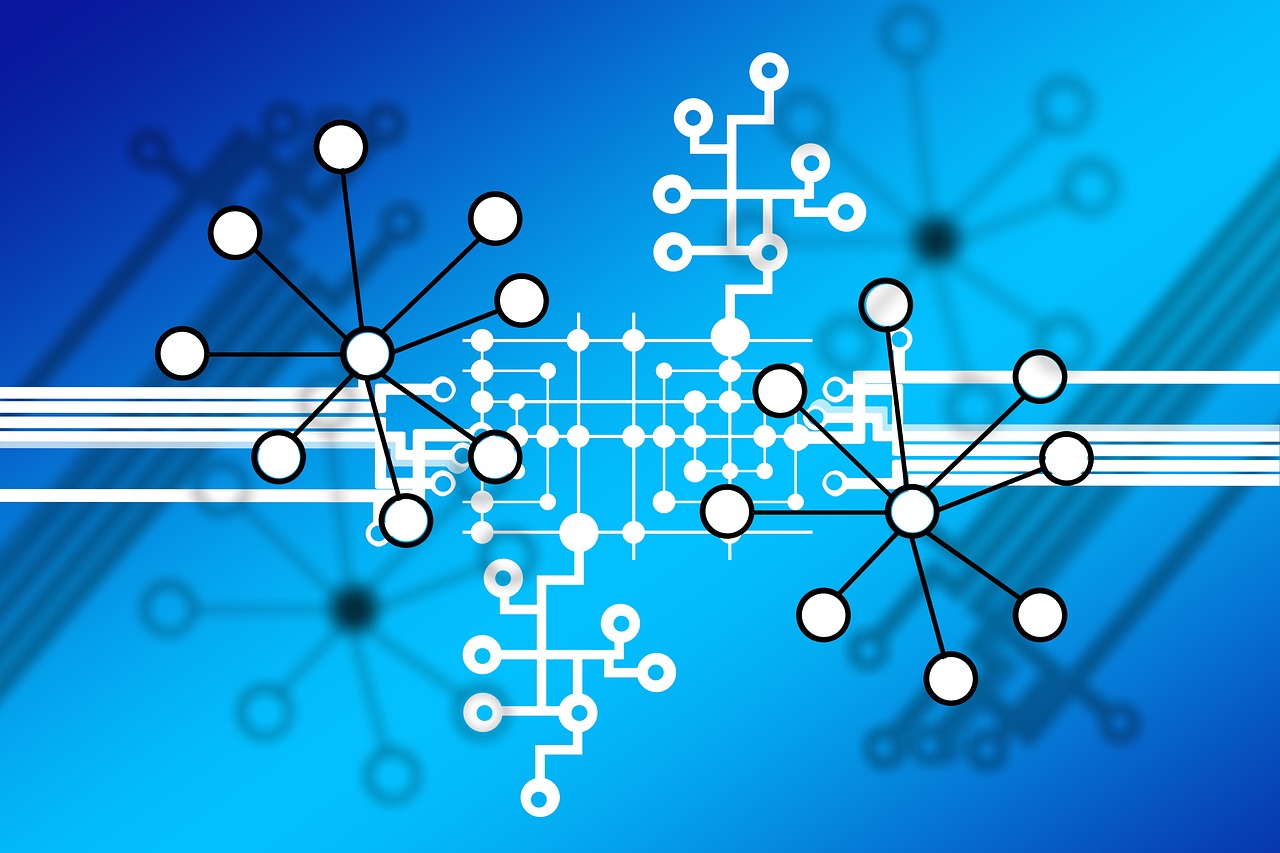 a computer circuit board on a blue background, flickr, digital art, floating molecules, connecting lines, created in adobe illustrator, family photo