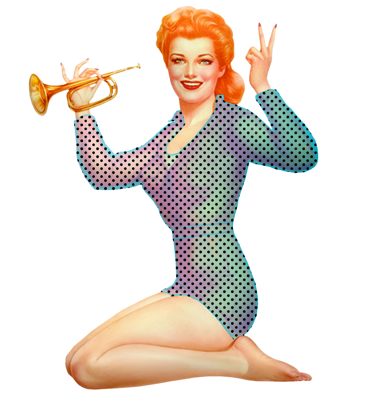 a woman sitting on the ground playing a trumpet, a colorized photo, by Alberto Vargas, flickr, pop art, drawn with dots, holographic suit, hr ginger, happy tones