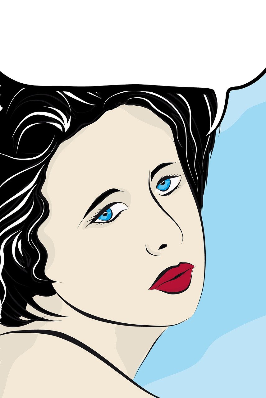a woman with a speech bubble above her head, vector art, inspired by Roy Lichtenstein, pop art, goddess close-up portrait, blue, high detail illustration, brunette