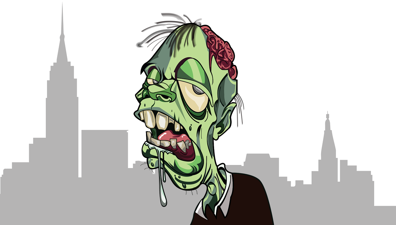a cartoon zombie with a city in the background, vector art, digital art, the head of the man is a skull, wikihow illustration