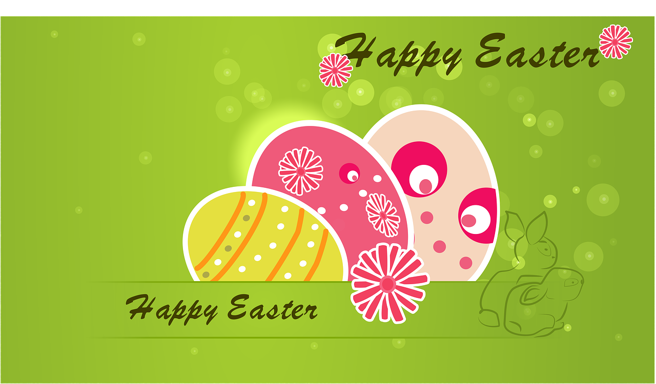 a group of easter eggs sitting on top of a green background, a picture, illustration, free, card, cute:2